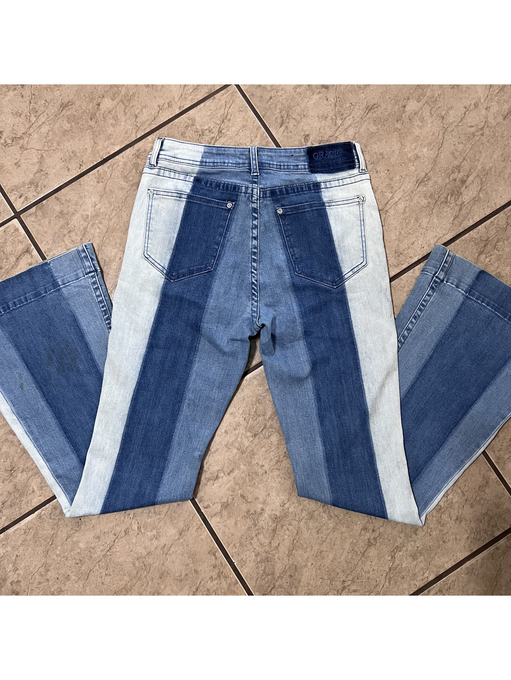 Grace in LA Tri Color Bell Bottom Flare Hippie Festival Denim Pants Size 28 Y2k